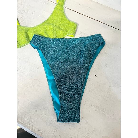 Oséree Lumiere 90's Sporty Two Piece Bikini Set Lime & Ocean Blue Women's Size S - Picture 4 of 7